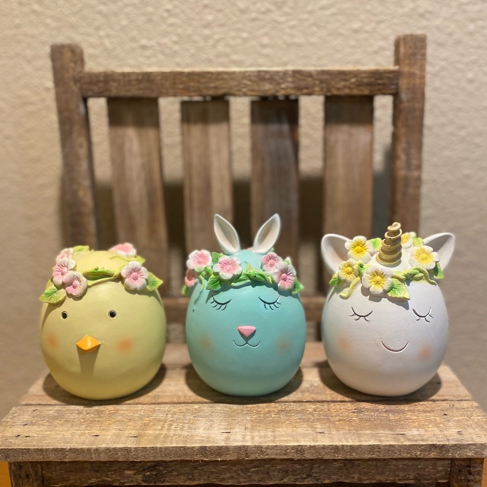 Easter Chick, Easter Bunny & Easter Unicorn Resin Decor Set Of 3, Easter Decor